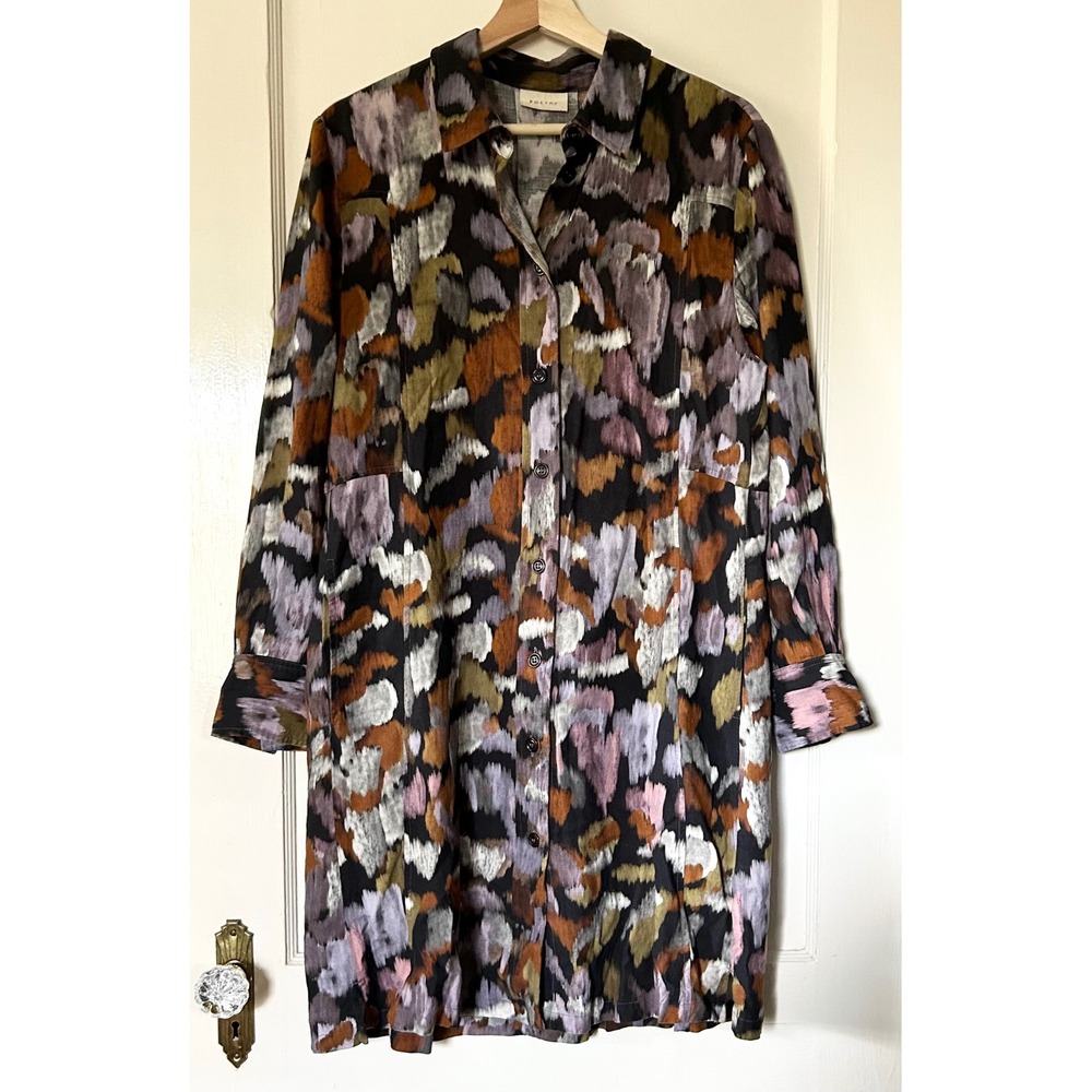 Poetry Linen Blend Long Sleeve Relaxed Shirt Dress Abstract Print US 8 Lagenlook